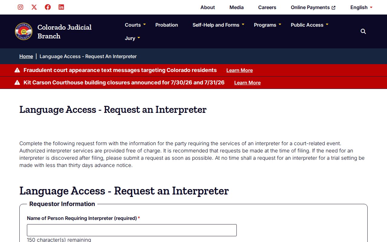 Rio Blanco County court records interpreter request access