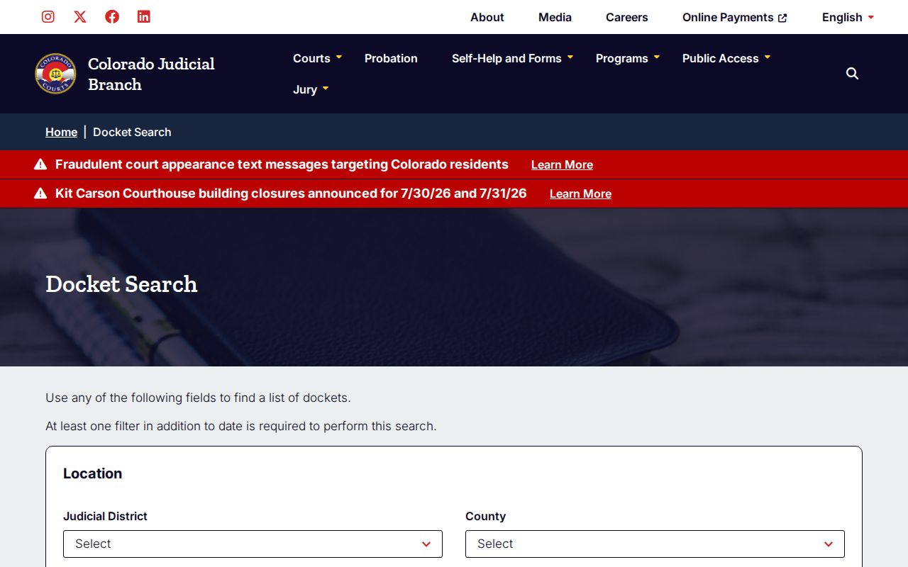 Rio Blanco County Court records docket search page