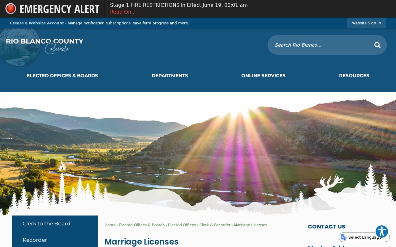Rio Blanco County marriage records license page