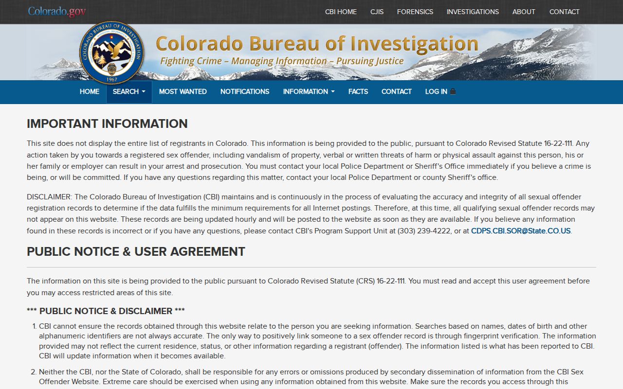 Rio Blanco County warrant records CBI sex offender agreement